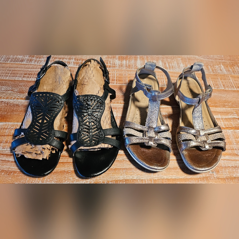2 PAIRS OF SANDALS - ECCO Flash T-Strap & SOFTSPOTS Susanna Wedge